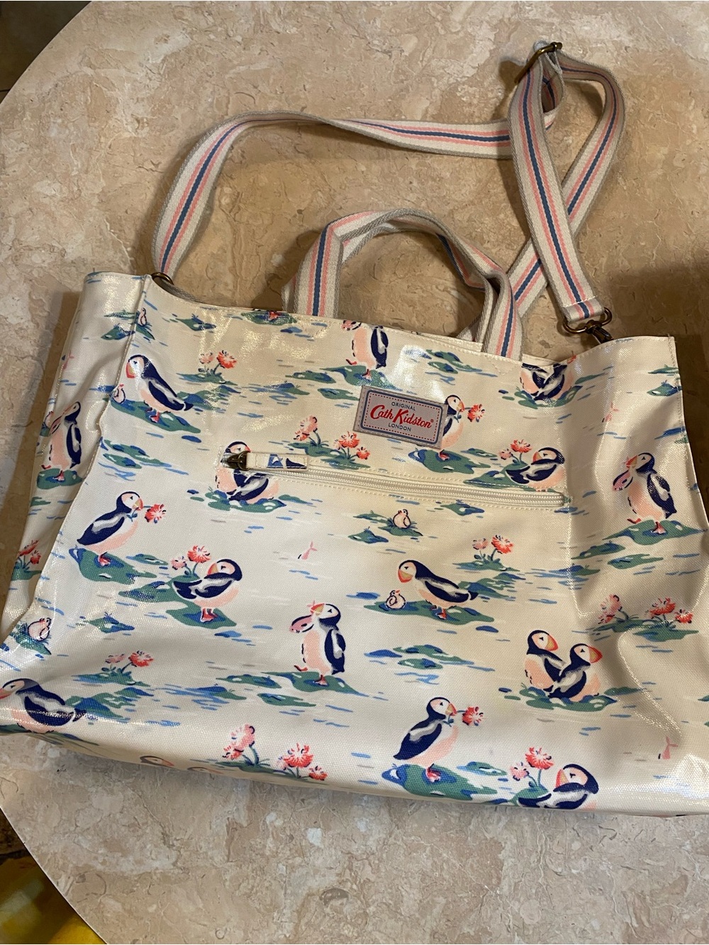 Cath Kidston Cream Canvas Tote with Navy Puffin and Pink Floral Accents